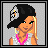 Pixel art icon of a female character with black hair, pink accessories, and a white top, displayed in a with text labels