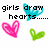 Pixelated text and heart shapes in pink, green, and cyan on white background with gray rectangle.