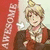 A pixelated anime-style character with blonde hair in a bun wears a red and brown outfit against a red background with vertical text.