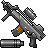 Pixelated image of a gray rocket with orange checkered detail, angled diagonally against light gray background, with separate cylindrical booster below.