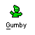 Green pixelated character with white eyes and outstretched arms, labeled 'Gumby' in pixelated text below.