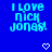 Blue background with pixelated cyan text reading "I LOVE NICK JONAS!" and two white heart symbols below the text.