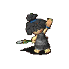 Pixelated character with dark hair tied in a bun, wearing gray dress and blue wristband, holding green-bladed weapon while raising arm.
