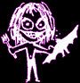 A purple cartoon figure with large eyes and a wide grin appears in two vertical , each showing different wing positions
