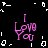 Pixelated pink text "I Love You" repeated four times on a black background with scattered white pixel fragments.