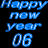 Static blue pixelated text icon on black background reading 'HAPPY NEW YEAR 06' with gradient and dithering effects.