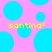 Pixelated pink background with scattered cyan circles and yellow text reading 'santino*' in two locations.