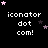 Pixelated text 'iconator dot com!' repeated across a black background with scattered pink and dark purple stars, one gray rectangle in the bottom-right corner.