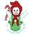 Pixelated snowman with red hat and scarf, green checkered vest, white arms raised holding candy cane against gray background.