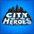 Four- shows 'CITY HEROES' text over cityscape and character portrait with blue backgrounds