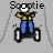 Animated contact sheet showing 11 sequential frames of a stick figure riding a scooter, with the character gradually shrinking in size across the sequence.