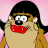 Pixelated cartoon character with black hair, large white eyes, red lips, and a yellow earring against pink background.