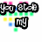 Pixelated text and color-blocked patterns form a static icon with layered black-outlined words over colored squares