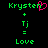 Green pixelated text 'Krysten' with a pink heart symbol above the final letter, plus symbols and green text below on black background.