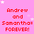 Pink background with repeated red text "Andrew and Samantha= FOREVER!" and scattered white stars, with a gray rectangle in the bottom-right corner.