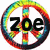 A circular rainbow-colored peace symbol with the text 'Zoe' in bold black letters overlaid on a white background.