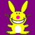Yellow cartoon rabbit with pink nose and white belly on purple background, surrounded by pixelated text phrases in blue, pink, green, and white.