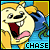 Pixelated cartoon dog with yellow fur, blue ears, and green hair strands, mouth open in a wide grin showing teeth, standing against a blue and orange background with the word CHASE below.