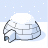 Pixelated image of a snow-covered igloo with visible structural lines, set against a light blue sky with scattered white dots resembling falling snow.