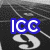Black-and-white track background with white running lanes and a stylized 'S' symbol, overlaid by blue text boxes containing phrases like "ICC," "Track & Field '08," and "GO!!".