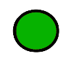Four solid-colored circles with black borders arranged in a on a gray background, featuring green, white, red, and blue hues