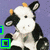 Animated cow icon with black-and-white patches, orange horns, and a blue heart symbol that changes text from 'i' to 'i love cows'.