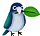 Pixelated cartoon penguin holding a green leaf in its beak, shown in two sequential animation frames with slight pose differences against a gray background.