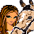 Pixelated cartoon-style buddy icon featuring a woman with long brown hair and blue eyes holding a horse's head next to a framed sign reading "ALI" on a white background.