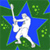 Pixelated image of a white figure holding a bat in a batting stance, set against a blue star on a green background with scattered green pixels.