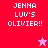 Pixelated text displays 'JENNA LUV'S OLIVIER!!' across four colored sections with star symbols in two sections.