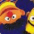 A 2x2 contact sheet of four Sesame Street character frames with a gray background, showing partial views of yellow and red puppet characters in an animated sequence.