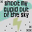 Pixelated text reads 'shoot my cupid out of the sky' over a light background with scattered black dots and a green lightning bolt.