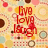 Pixelated image with red text 'Live Love Laugh' over a background of multicolored circles and squares in pastel tones.