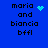 Blue background with black text reading 'maria and biancia bffl' and four distinct pixelated animation states showing a light blue heart and starburst symbols.