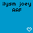 Blue background with black pixelated text 'ilysm joey' and 'AAF', two white heart symbols at bottom, static image.