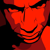 A pixelated close-up of a face with red and black color scheme, showing eyes, nose, mouth, and neck in high-contrast monochrome style.