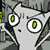 Pixelated cartoon character face with large green eyes and gray hair against a dark background.