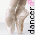 Pixelated image of a dancer's feet in ballet shoes on a light background with vertical text reading 'dancer' and pink square symbols.