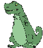 Green cartoon dinosaur with yellow eyes and visible teeth in three of poses showing varied head angles, arm positions, and mouth expressions