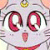 Pixelated cartoon face with large red eyes, a small pink nose, and a wide red mouth on a light background.