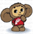 Pixelated cartoon monkey mascot wearing red shirt with white heart, standing against transparent background.