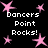 Pixelated pink stars and white text reading "Dancers Point Rocks!" on a black background, with repeated text and star arrangements.