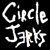 Pixelated white text on black background reading "Circle Jerks" in two lines with slight dithering and color artifacts.