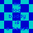 Blue and cyan pixelated with repeating text 'my dog buddy is a beast' in blue font, alternating between checkerboard and diamond patterns