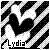 Black-and-white pixelated icon with diagonal striped background, featuring stylized 'Lydia' text and a heart-shaped figure in two