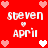 Red background with repeated white text 'steven' and 'april' surrounded by pink and white pixelated hearts.