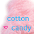 Two side-by-side animated frames of a cotton candy-themed buddy icon with pink background and text variations.