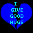 Blue heart-shaped icon with cyan text reading "I GIVE GOOD HUGS" on black background, showing two states of pixelated animation.