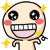 Pixelated cartoon character with large black eyes, pink cheeks, and a wide toothy grin surrounded by yellow stars on gray background.