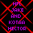 Pixelated text 'HFL JAKE AND KOTAA HECTOR' in purple appears over red geometric lines on a black background, with visible animation changes between frames.
